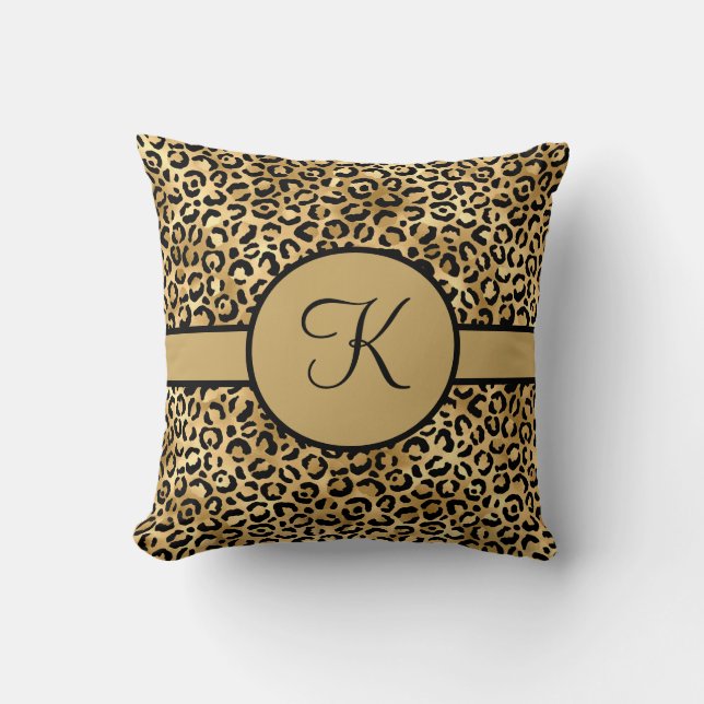 Almofada Estampa de leopardo preto e dourado monogramado (Frente)
