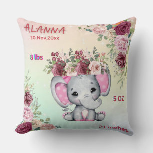 Almofada Estatísticas de Nascimento de Bebê Elefante Rosa-R