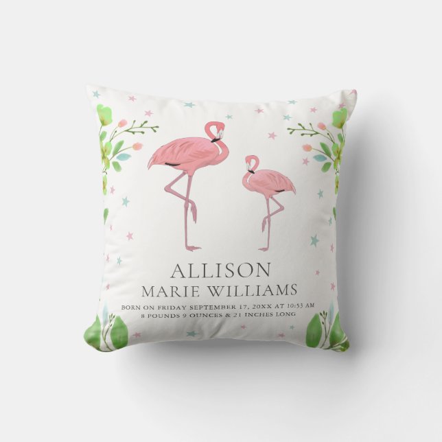 Almofada Estatísticas de Nascimento de Bebê Menina Flamingo (Frente)