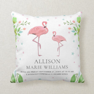 Almofada Estatísticas de Nascimento de Bebê Menina Flamingo