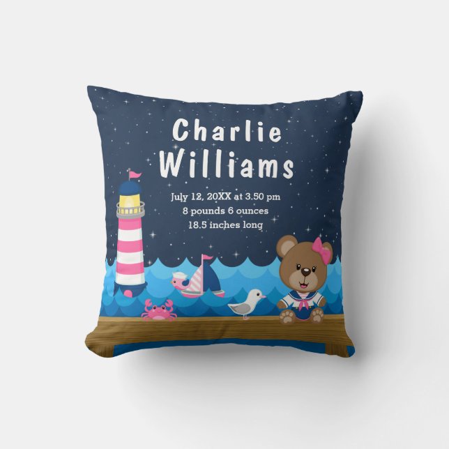 Almofada Estatísticas de Nascimento do Urso Rosa-Rosa do Ná (Frente)