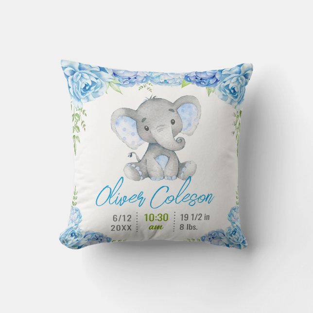 Almofada Estatísticas do Bebê Menino Elefante Azul Berçário (Frente)