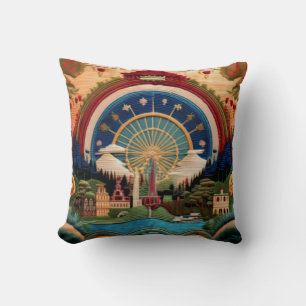 Almofada Estilo bordado Roda Ferris e Paisagem Cênica