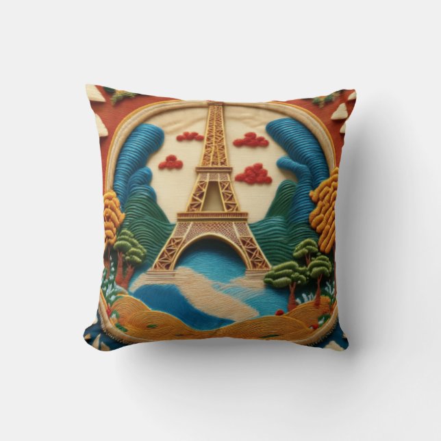 Almofada Estilo bordado Torre Eiffel e Paisagem Cênica (Frente)