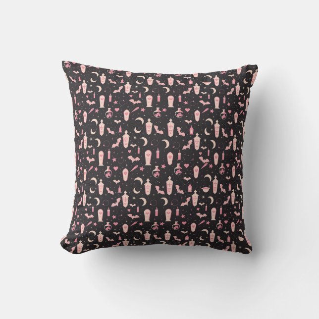 Almofada Estilo branco, bruxaria-vampiro, preto e rosa (Frente)