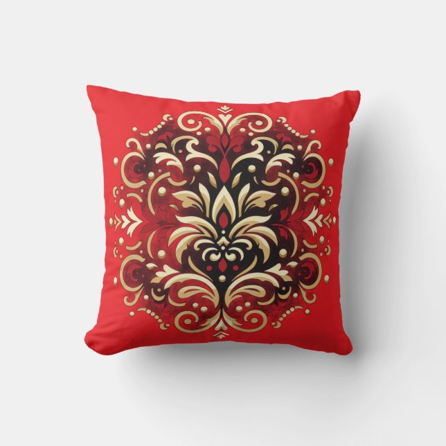 Almofada Estilo Damasco em Vermelho, Dourado e Preto (Frente)