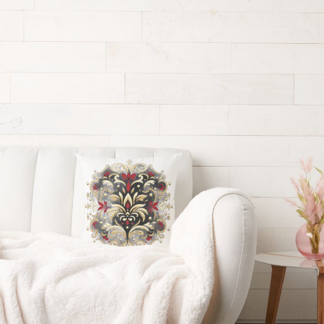 Almofada Estilo Damask em Vermelho, Dourado e Preto (Sofá)