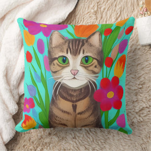 Almofada Estilo de Whimsical de Arte Folha Gato e Flores