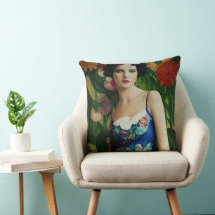 Almofada Estilo Deco Elegante Mulher com Flores Grandes