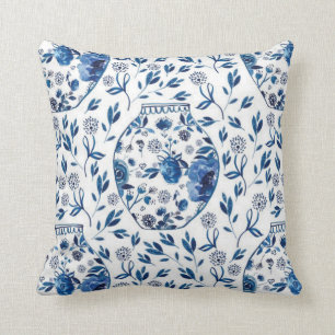 Almofada Estilo Floral de Chinoiserie Azul e Branco, pintad