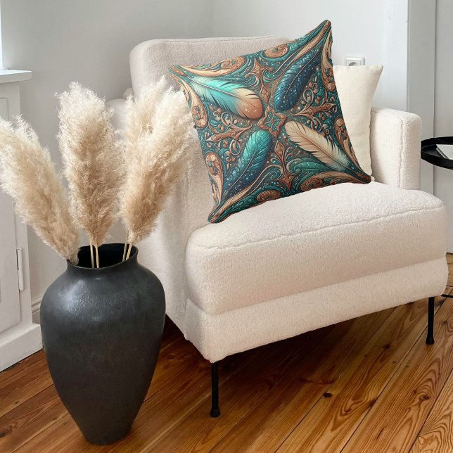 Almofada Estilo Impressão de Couro Arrefecido Ocidental (Western Tooled Leather Print Southwest Style Throw Pillow)