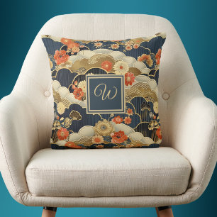 Almofada Estilo Kimono Floral Impressão Japonesa com Monogr