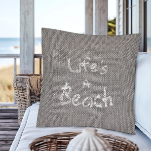 Almofada Estilo Rustic Cinza Burlap "Life's A Beach"