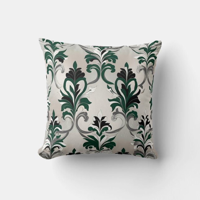 Almofada Estilo verde, preto, branco e prateado do Damasco (Frente)