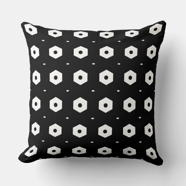 Almofada Estiloso Hexágono Branco em Preto (Frente)