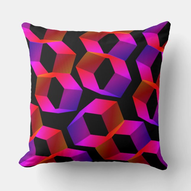 Almofada Estranhos hexágonos rosados sobre fundo preto (Frente)