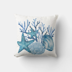 Almofada Estrela-do-mar Coral Azul Arte Watercolor Praia