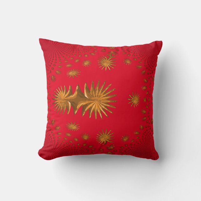 Almofada estrelas de ouro fractal, fundo vermelho (Frente)