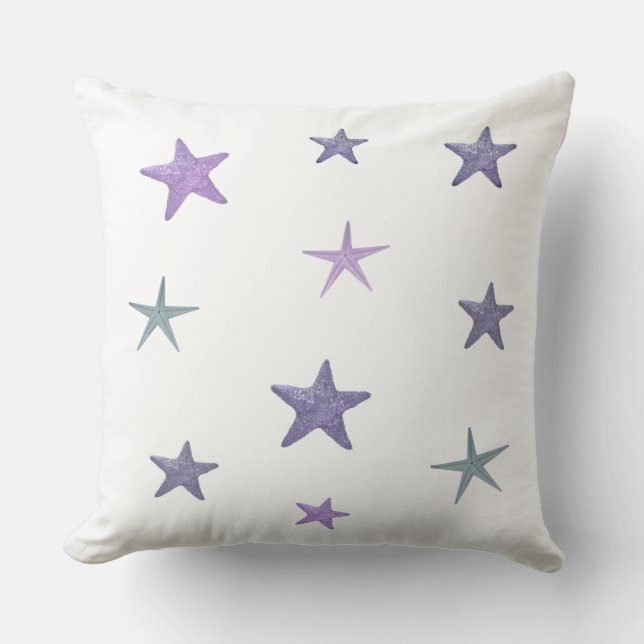 Almofada Estrelas-do-mar azuis sobre branco (Frente)