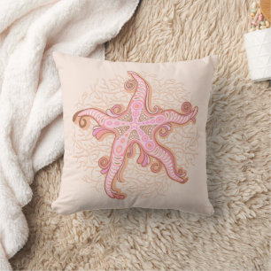 Almofada Estrelas-do-mar e Coral Padrão Pastel Rosa