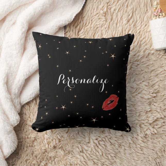 Almofada Estrelas Douradas Glamourosas com Beijo de Lábios  (Cobertor)