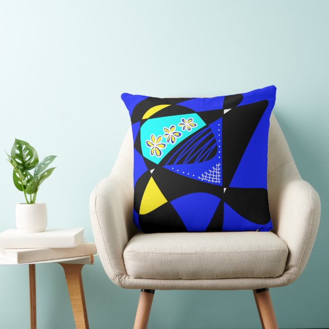 Almofada Estrelas E Banhas De abstrato: Preto Amarelo Azul  (Cadeira)