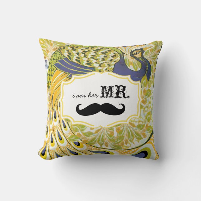 Almofada Eu sou o Senhor Amarelo Bigode Roxo Pavão Travesse (Frente)