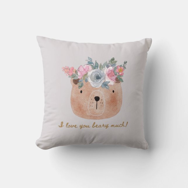 Almofada Eu te amo muito! Urso com Coroa Floral (Frente)