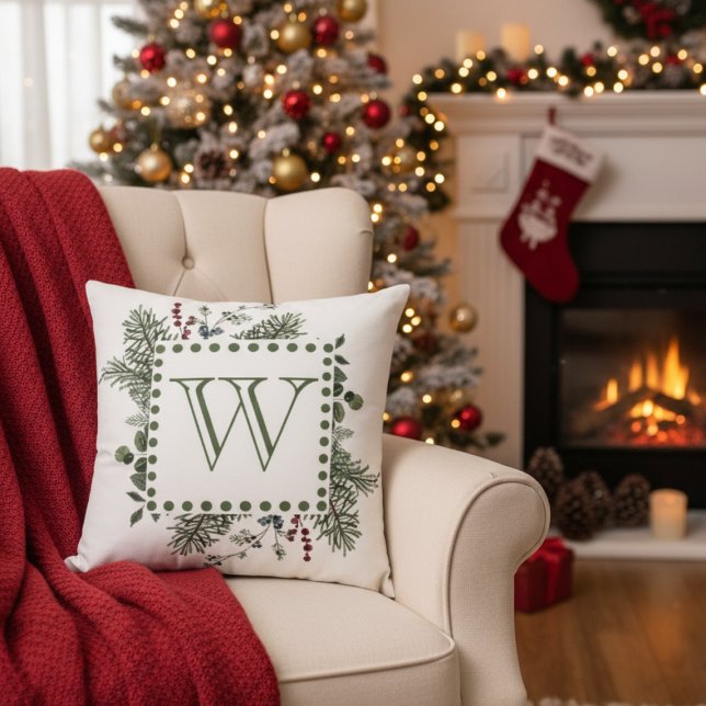 Almofada Evergreen Monogram (Monogram initial Christmas holiday pillow)