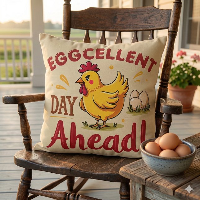 Almofada Excelente Dia à Frente Fazenda Engraçada de Frango (Eggcellent Day Ahead Funny Chicken Farm Throw Pillow Mockup A)