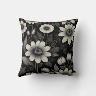 Almofada Exemplo gráfico de flores de preto e branco