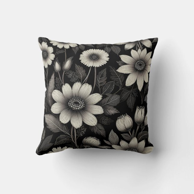 Almofada Exemplo gráfico de flores de preto e branco (Verso)