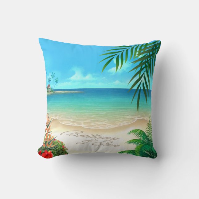 Almofada Exotic Beach Tropical pede-me para adicionar nomes (Frente)