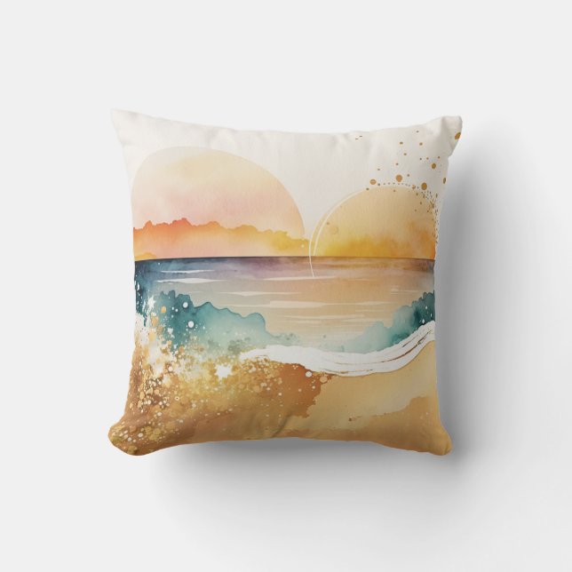 Almofada Exotic Watercolor Beach Sunset (Frente)