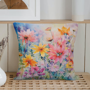 Almofada Explosão de Flores Silvestres Abstratas em Aquarel