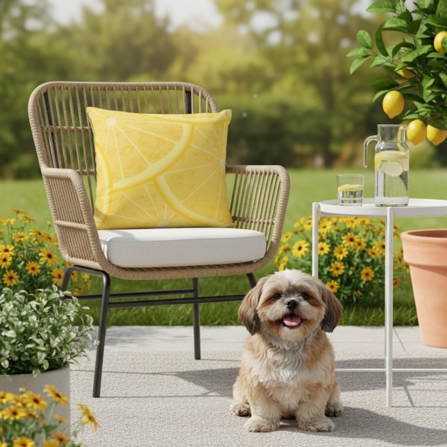 Almofada externa de 16x16 com estampa de limão Mey (Lemon outdoor pillow.)