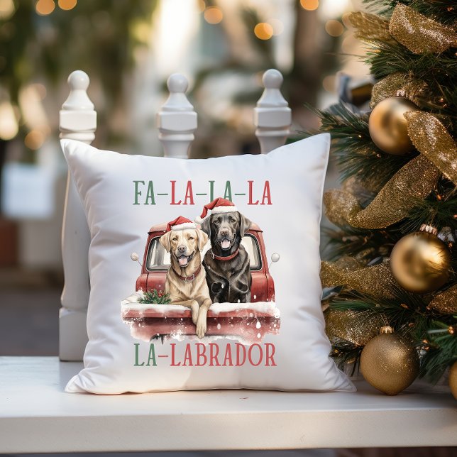 ALMOFADA FA LA LABRADOR DOG RED TRUCK FURRY NATMAS (dog themed home decor for labrador owner and golden retriever lover  FA LA LA LA CHRISMTAS)