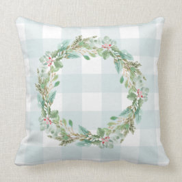 Almofada Fábrica Pastel Blue Check Xadrez Wreath de Natal