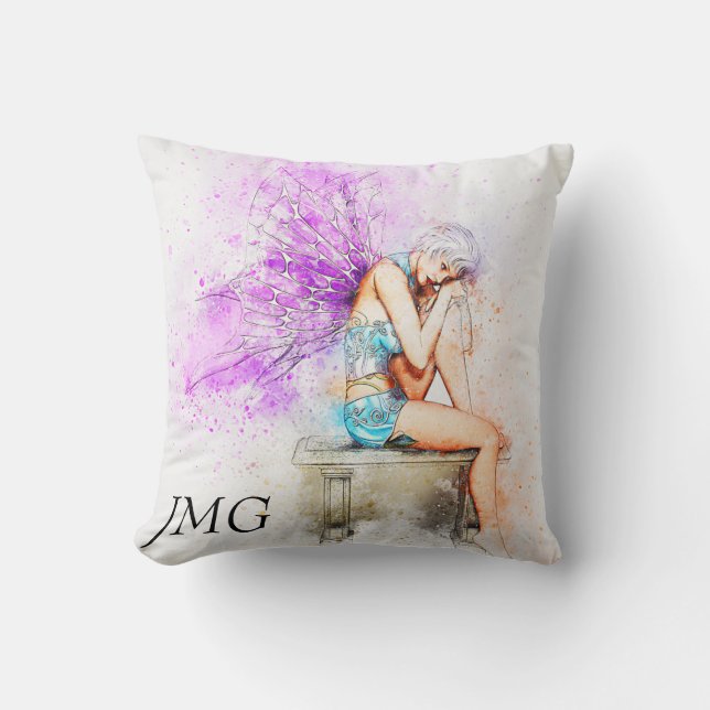 Almofada Fada de Aquarela em Azul com Monograma (Frente)