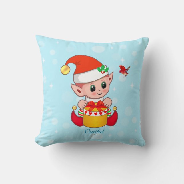 Almofada Fada de Natal Fofo & Pássaro Cardinal em Turquesa (Frente)
