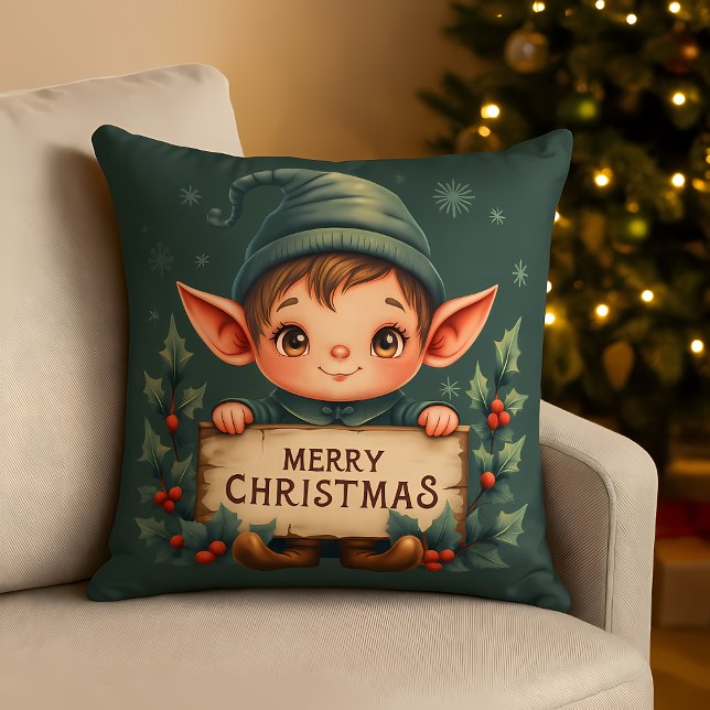 Almofada Fada de Natal Fofo Segurando Placa Alegre Verde (Cute Christmas Elf Holding Merry Sign Green Throw Pillow)