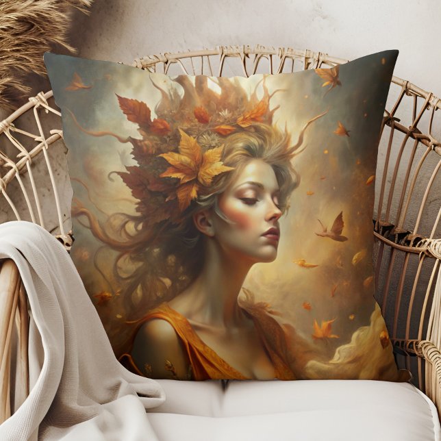 Almofada Fada de outono - Cozy Fall Boho (Autumn Forest Fairy – Cozy Fall Boho Throw Pillow on a boho rattan armchair.)