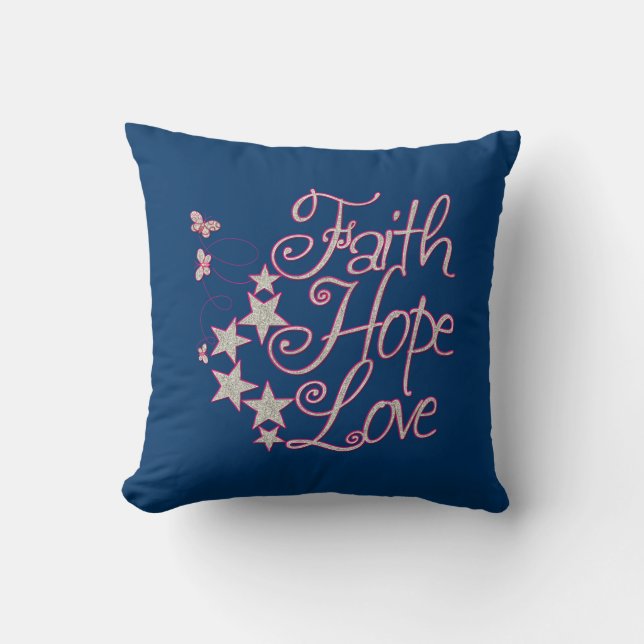 Almofada Faith Hope ama Cinza rosa quente Marinho azul (Frente)