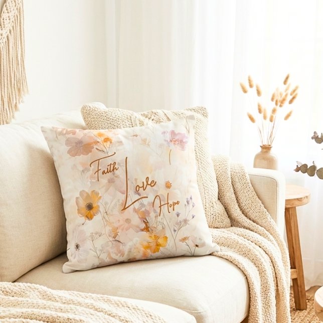 Almofada Faith Hope Love Elegant Floral Watercolor (Criador carregado)