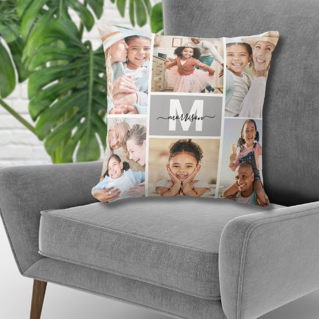 Almofada Família de Colagem de Fotografias Múltiplas do Mon (Custom Monogram Multi Photo Collage Family Throw Pillow)
