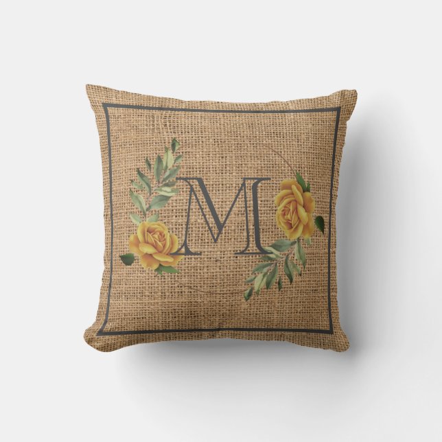 Almofada família elegante de monograma floral burlap (Frente)