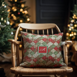 Almofada Família monograma natal patchwork Verde Vermelho