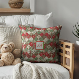 Almofada Família monograma natalino patchwork Verde Vermelh