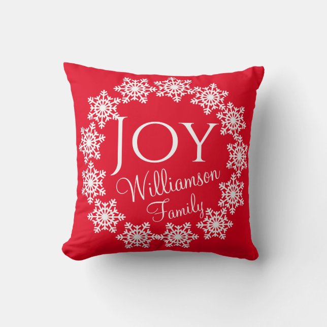 Almofada Família natalícia JOY Red com Flocos de Neve Branc (Frente)
