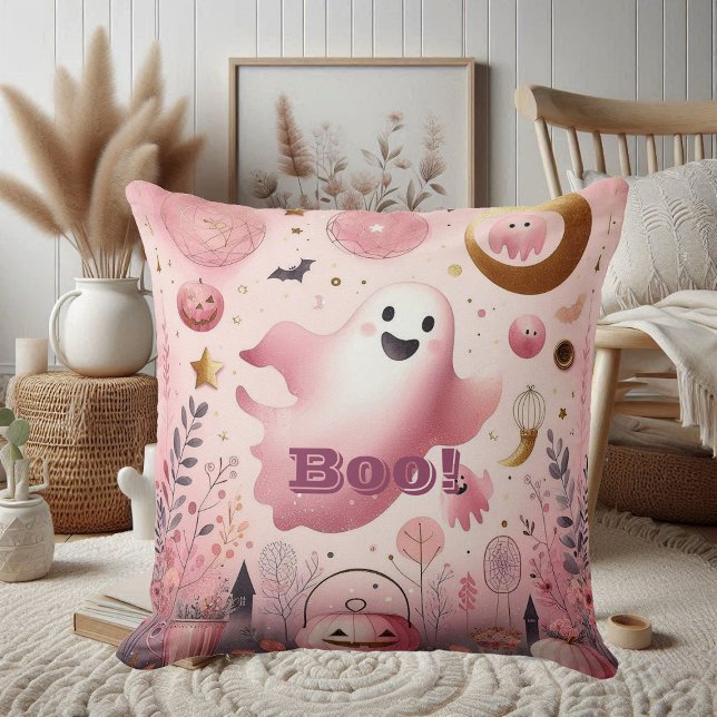 Almofada Fantasma Amigável Rosa Boo Halloween Abóbora ilumi (Pink Boo Friendly Ghost Halloween Jack o lantern Throw Pillow)